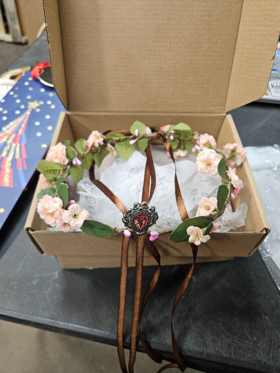 Golden, White & Blue Flower Crown – Fairy Floral Headpiece with Pink Crystal Jewel