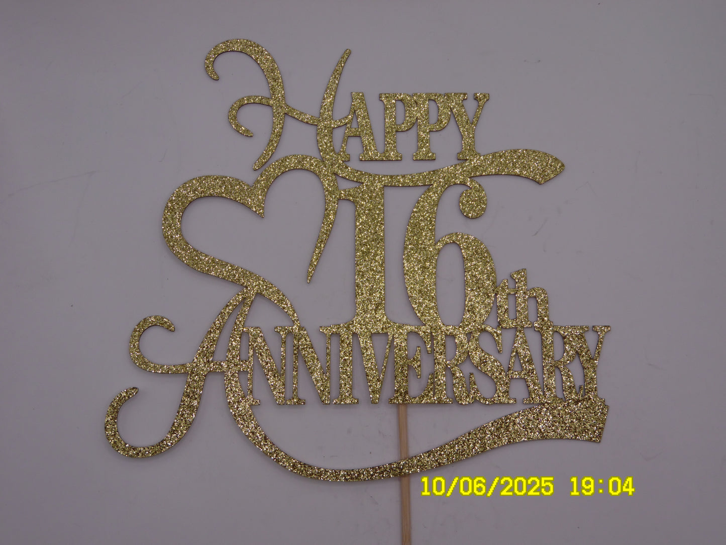 Glittery Gold 'Happy 16th Anniversary' Cake Topper