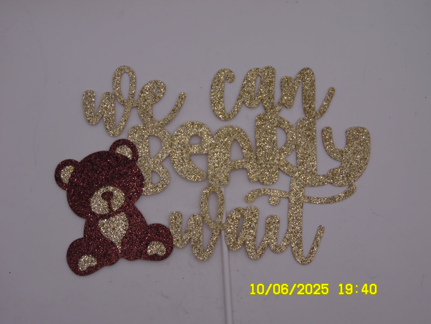Glittery Gold 'We Can Bearly Wait' Cake Topper with Brown Bear