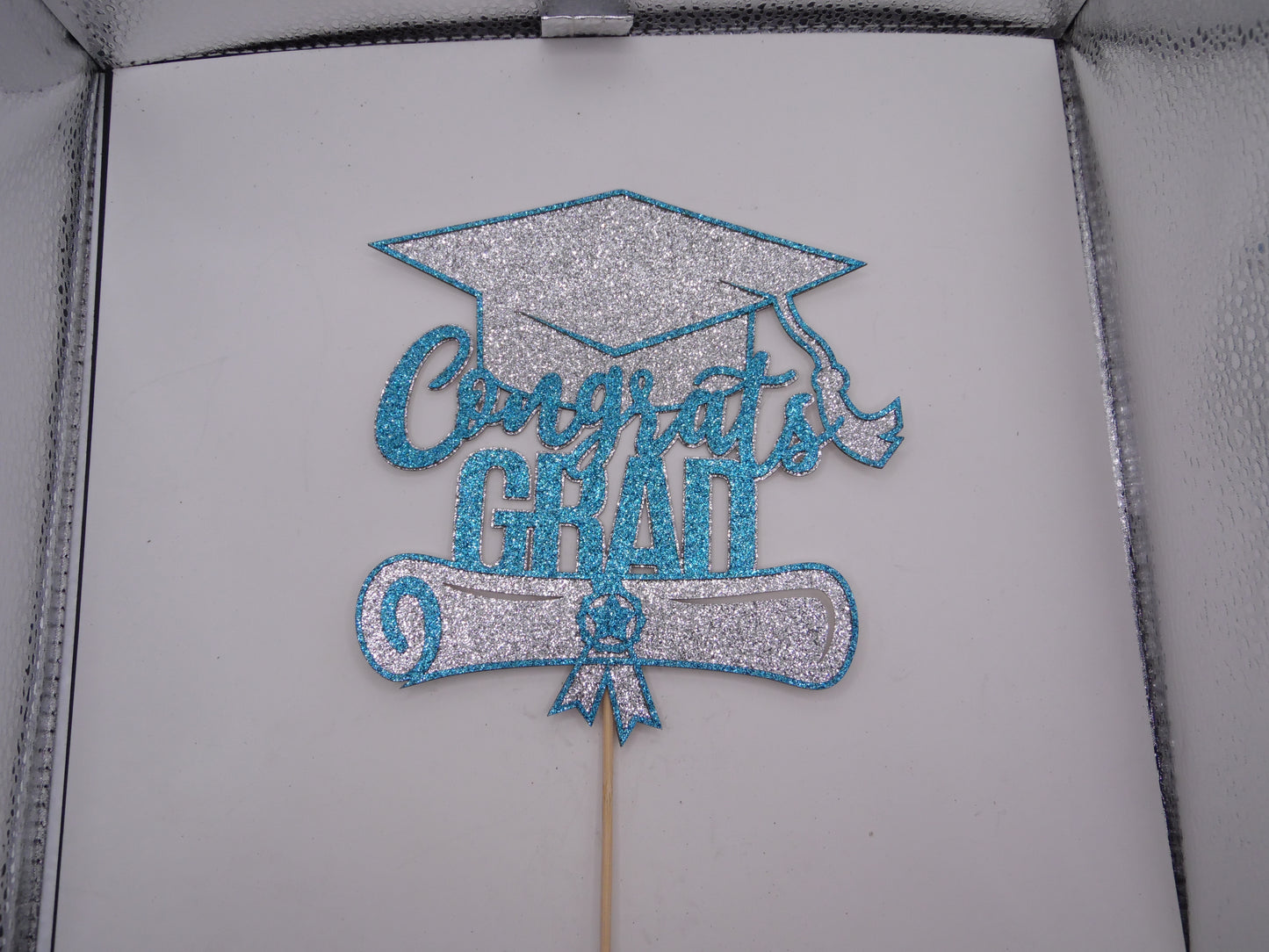 Glittery Blue & Silver 'Congrats Grad' Cake Topper
