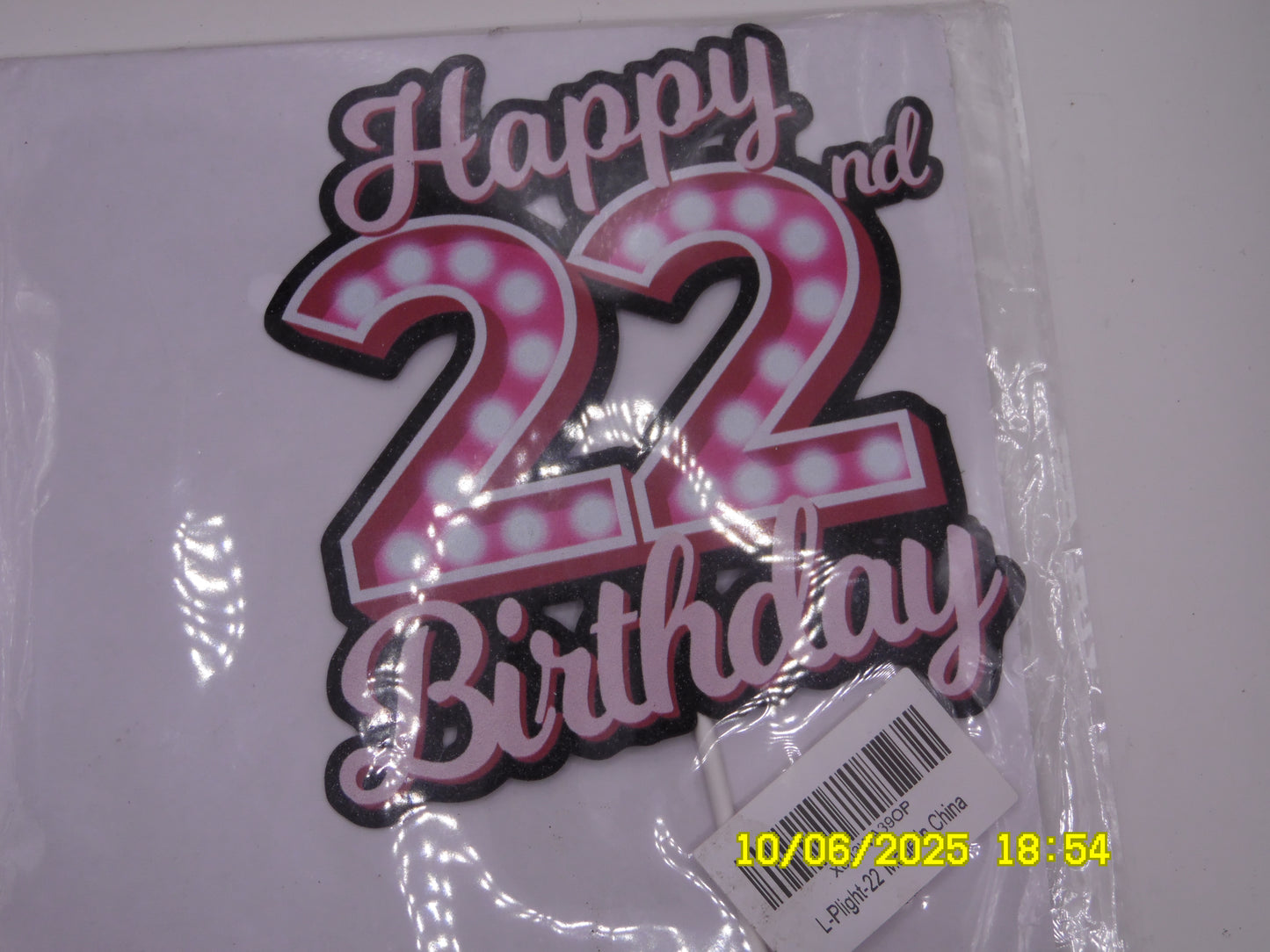 Sparkly 'Happy 22nd Birthday' Cake Topper - Black, Pink, Red & White