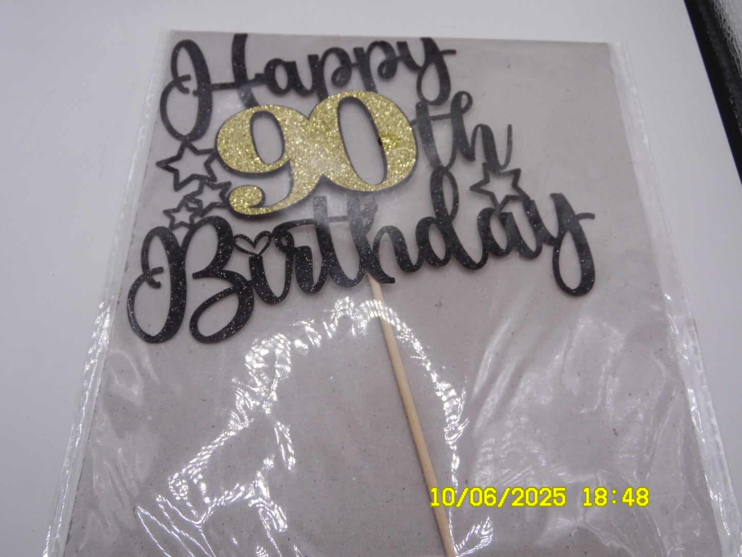 Gold & Black Sparkly 'Happy 90th Birthday' Cake Topper