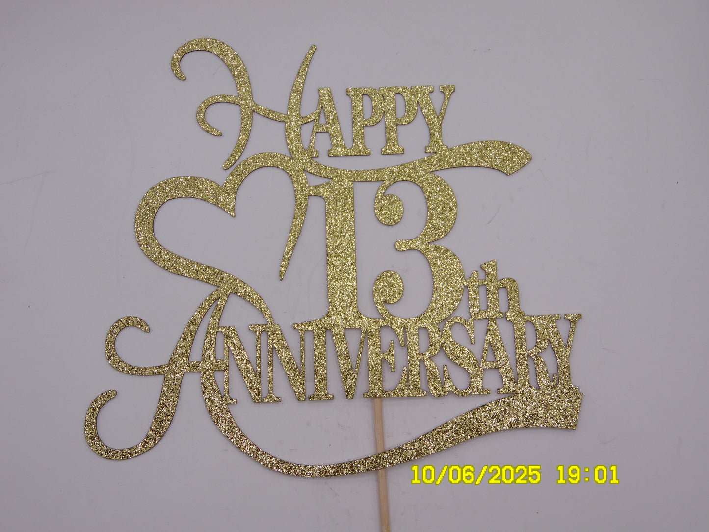 Glittery Gold 'Happy 13th Anniversary' Cake Topper