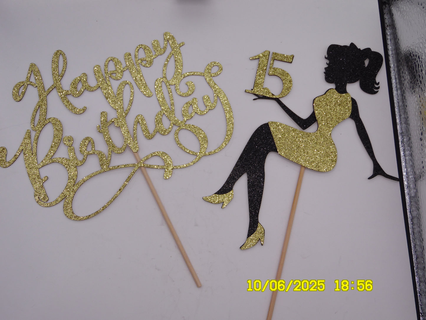 Glittery Gold & Black 'Happy 15th Birthday' Cake Topper
