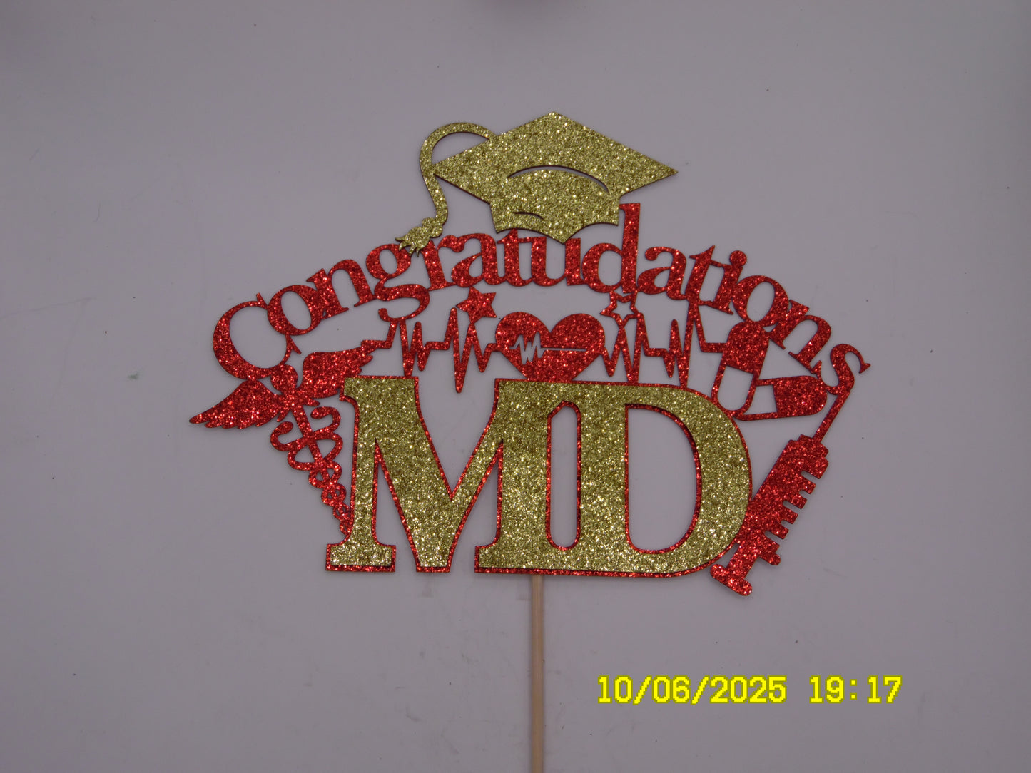 Glittery Red & Gold 'Congratulations MD' Cake Topper