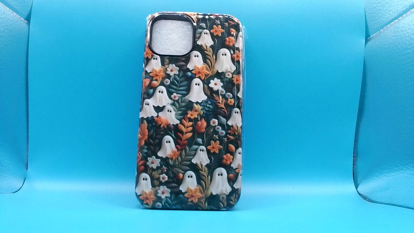 Creative iPhone 14 Phone Case – Ghost & Flowers Design
