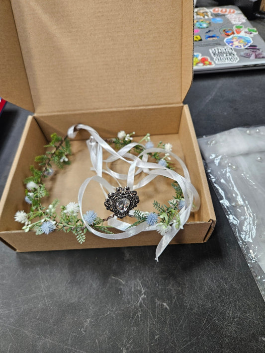 Golden, White & Blue Flower Crown – Fairy Floral Headpiece with Clear Crystal Jewel