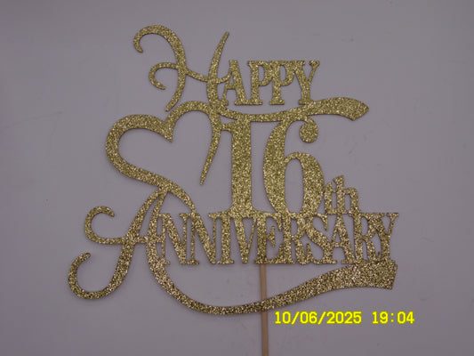 Glittery Gold 'Happy 16th Anniversary' Cake Topper