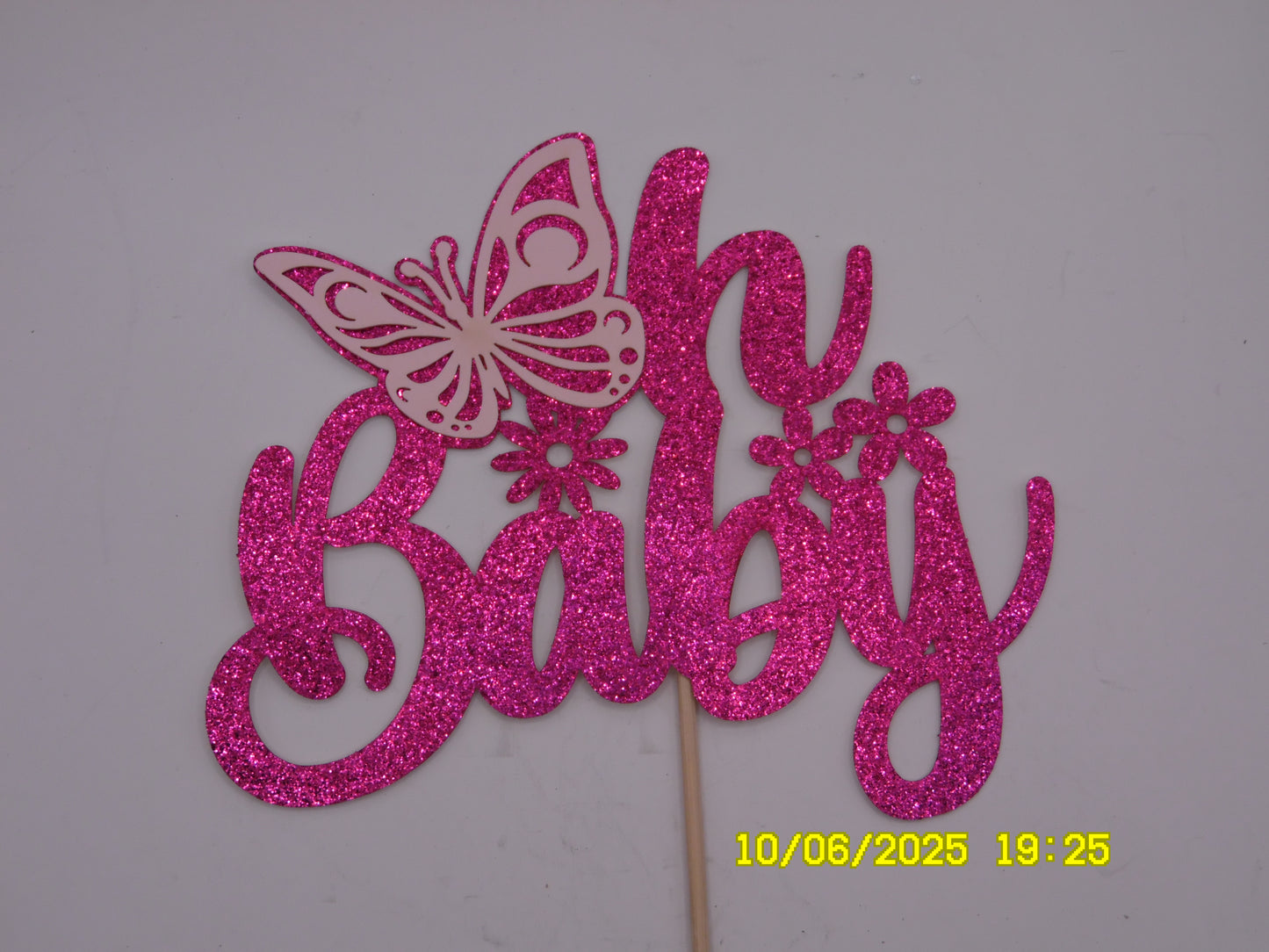 Glittery Pink 'Oh Baby' Cake Topper with Butterfly O