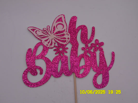 Glittery Pink 'Oh Baby' Cake Topper with Butterfly O