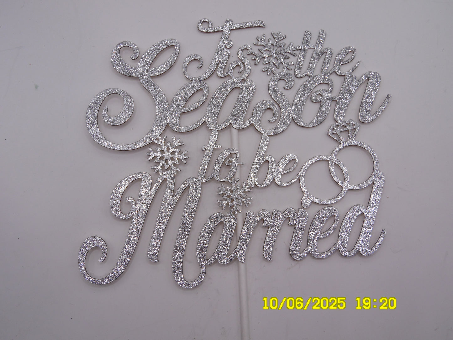 Glittery Silver 'Tis the Season to Be Married' Cake Topper