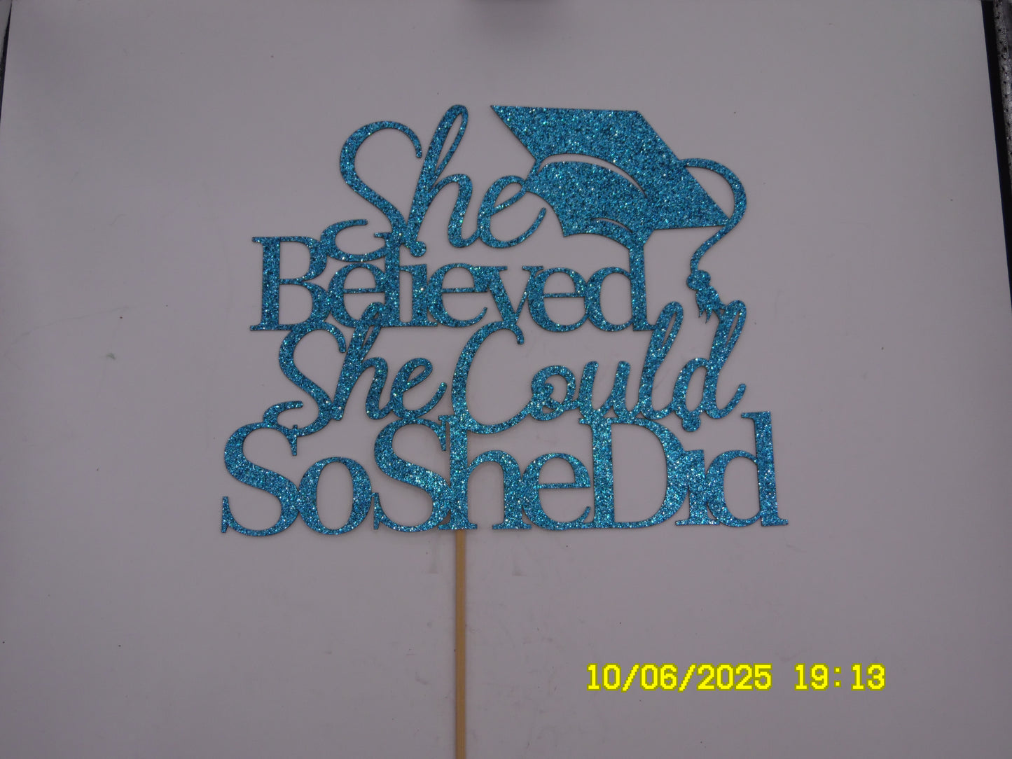 Glittery Blue 'She Believed She Could So She Did' Graduation Cake Topper with Cap