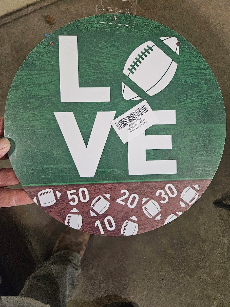 10¼" Round Wood Sign – “Love” Football Design (Green & Brown)