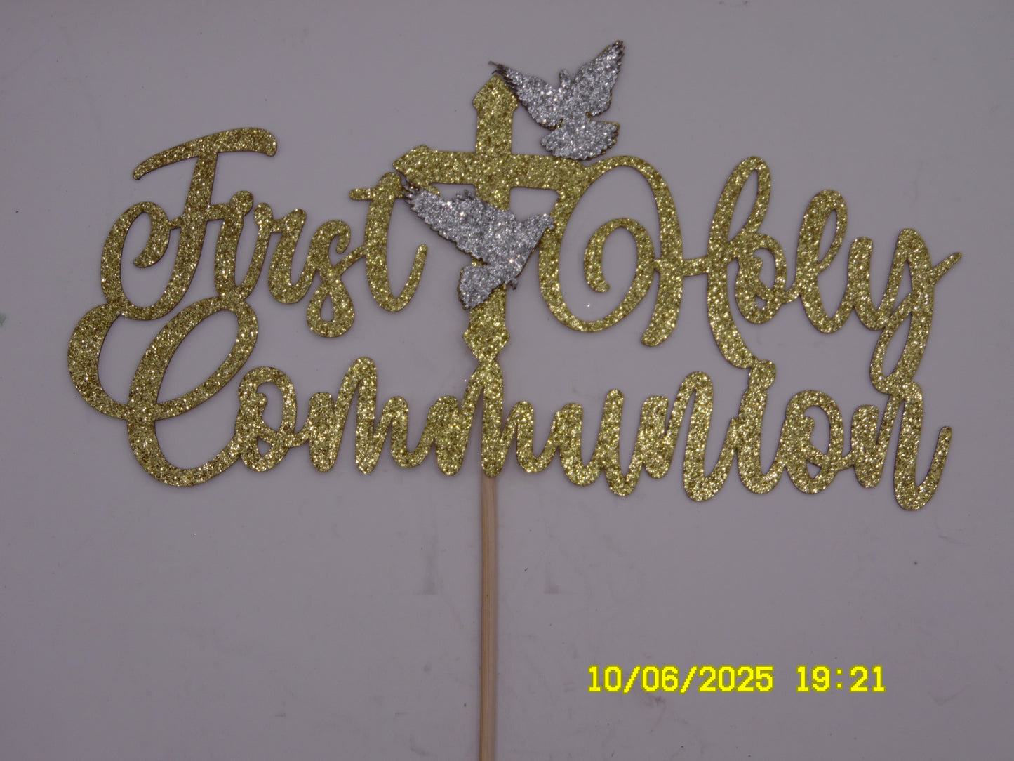Glittery Gold 'First Holy Communion' Cake Topper with Silver Doves