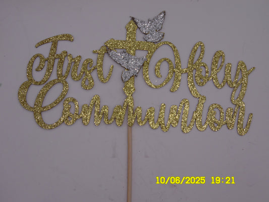Glittery Gold 'First Holy Communion' Cake Topper with Silver Doves