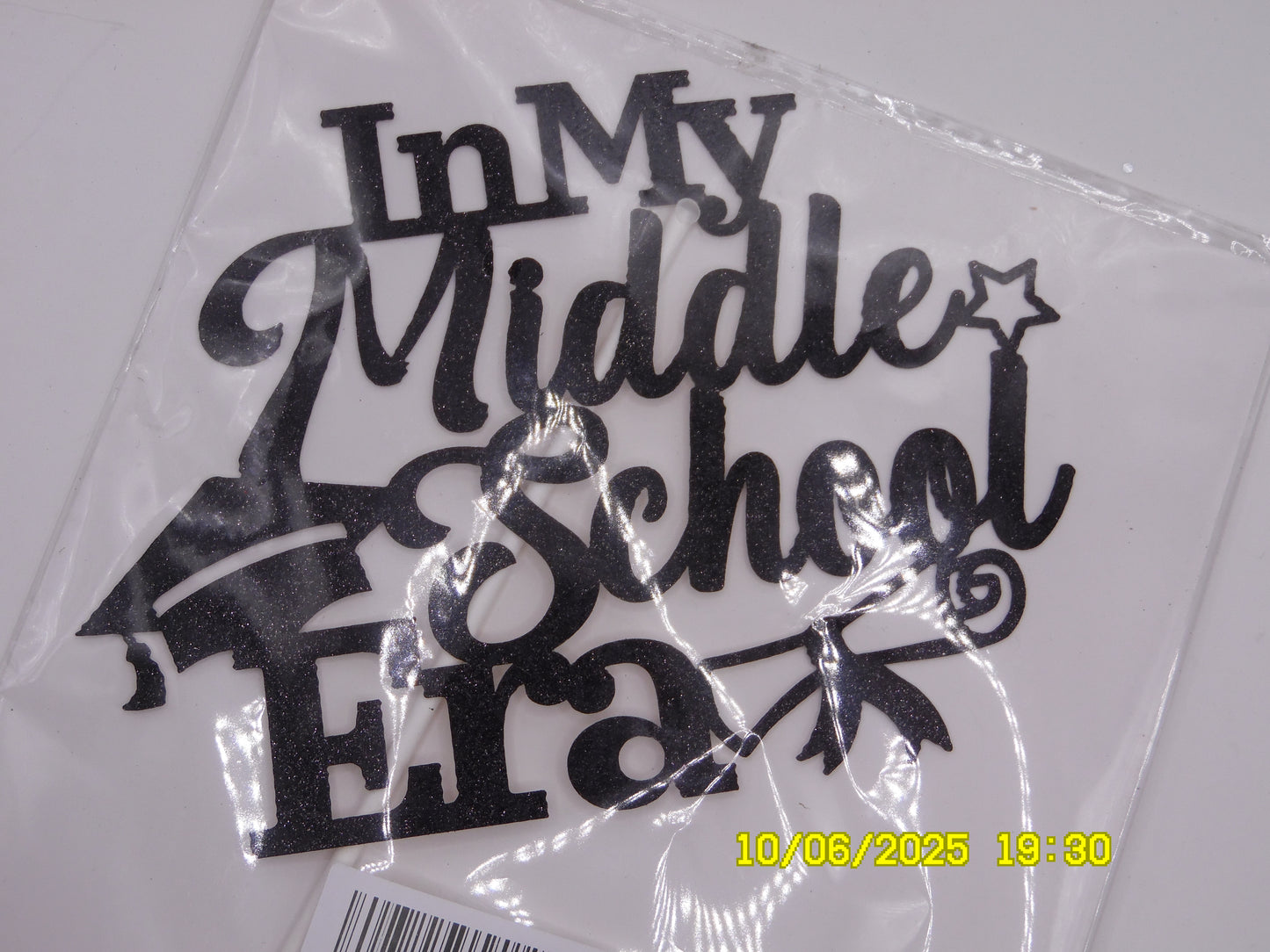 Sparkly Black 'In My Middle School Era' Cake Topper