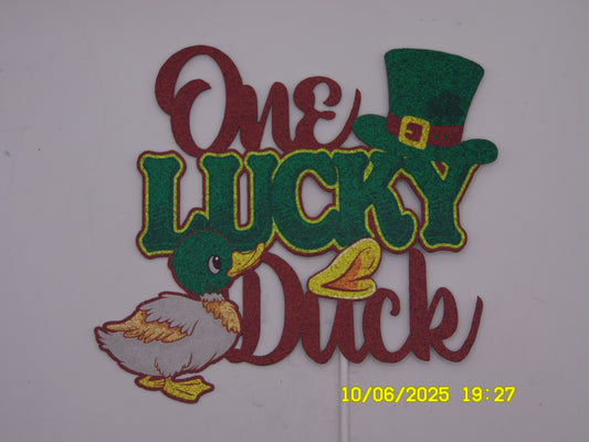 Brown & Green Sparkly 'One Lucky Duck' Cake Topper