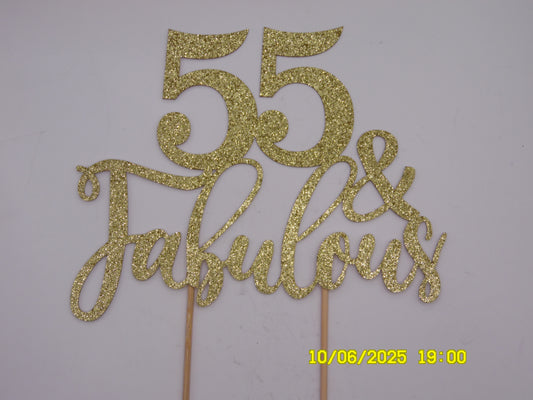 Glittery Gold '55 & Fabulous' Cake Topper