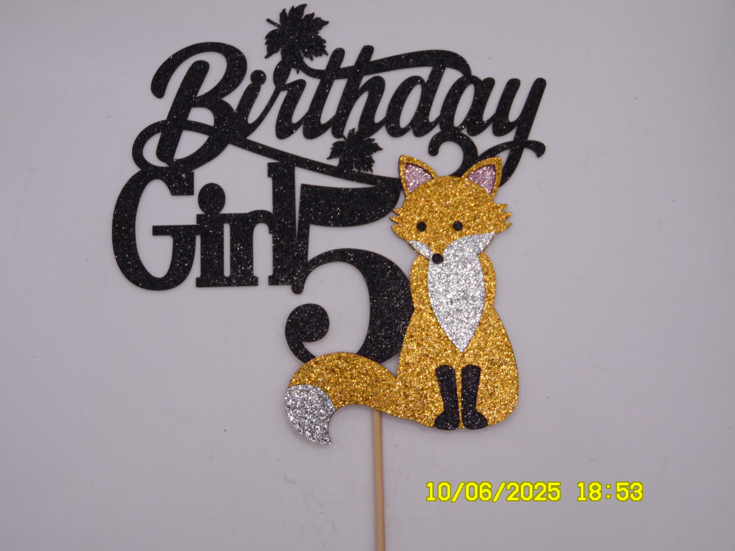 Glittery Black 'Birthday Girl 5' Cake Topper with Brown Fox