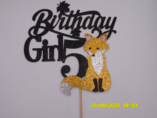 Glittery Black 'Birthday Girl 5' Cake Topper with Brown Fox