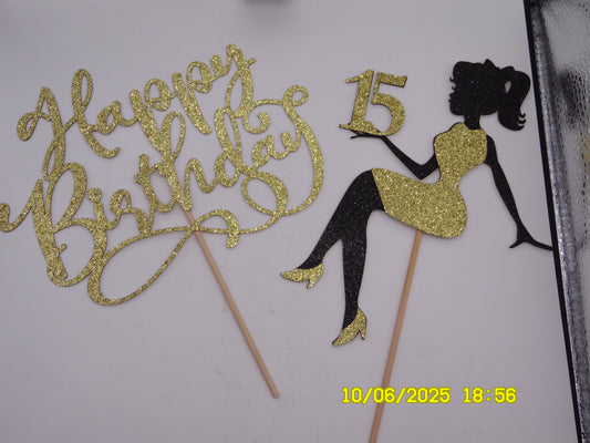 Glittery Gold & Black 'Happy 15th Birthday' Cake Topper