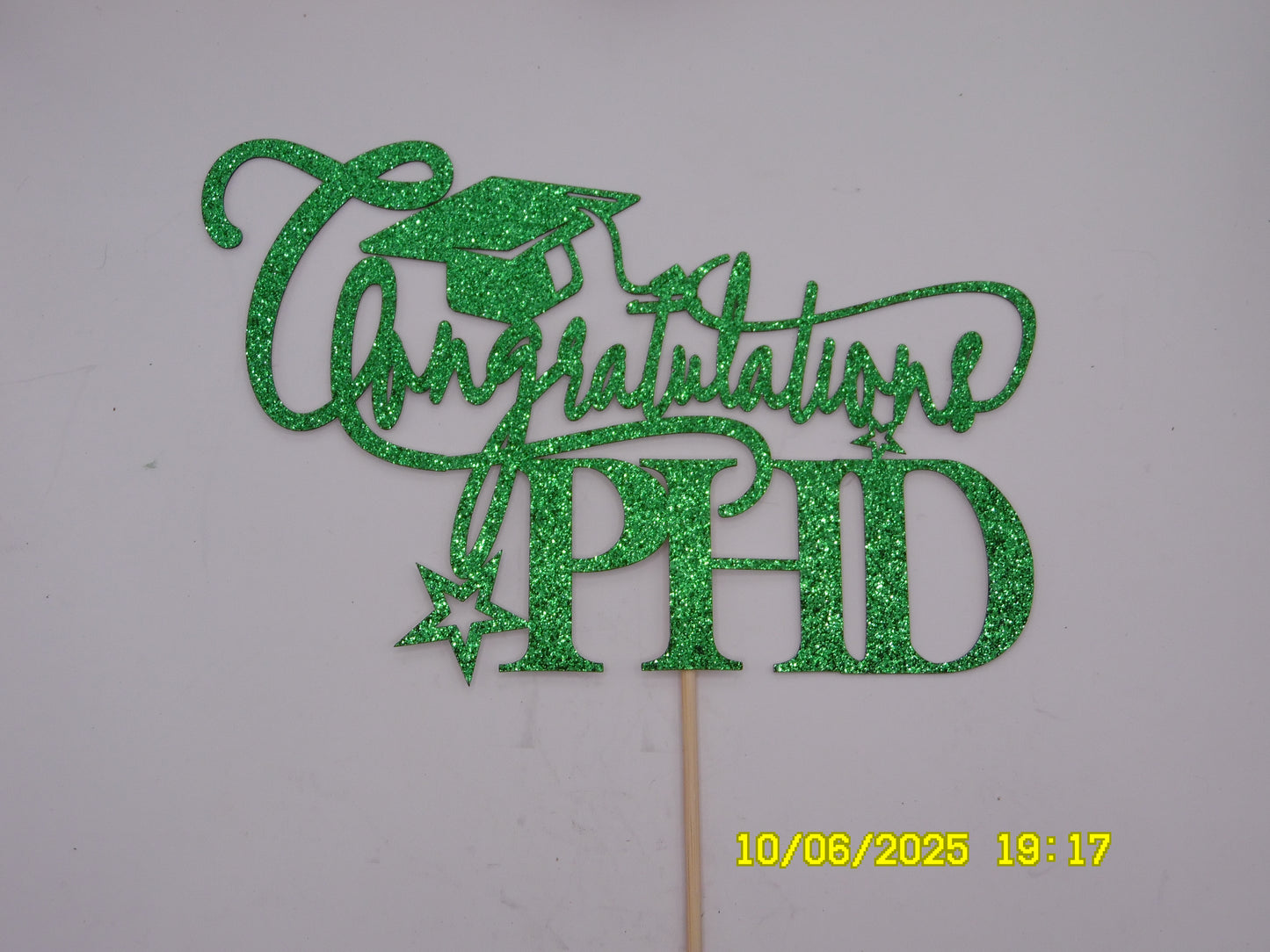 Glittery Green 'Congratulations PHD' Cake Topper