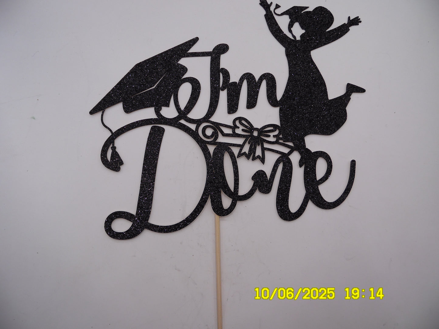 Glittery Black 'I'm Done' Graduation Cake Topper with Cap & Jumping Graduate