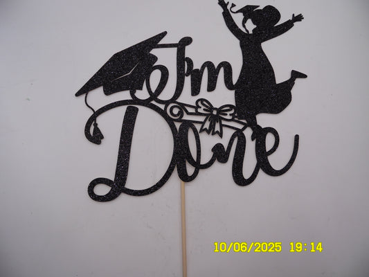 Glittery Black 'I'm Done' Graduation Cake Topper with Cap & Jumping Graduate