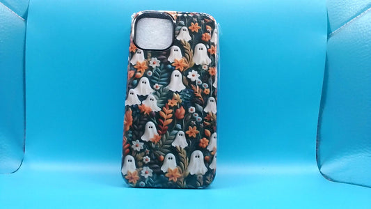 Creative iPhone 14 Phone Case – Ghost & Flowers Design